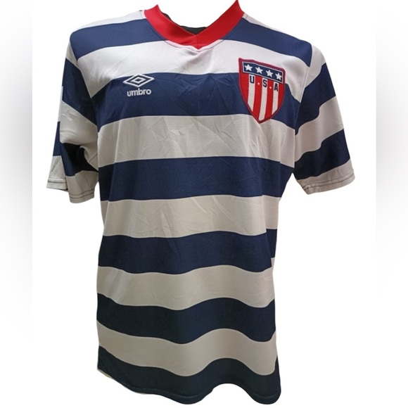 Umbro USA blue white stripes red trim short sleeves soccer jersey Sz L - Picture 1 of 8